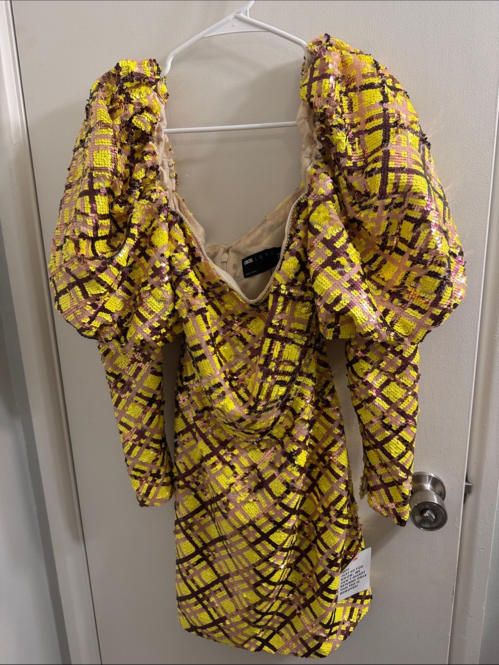 ASOS Yellow and Brown Sequined Plaid Mini Dress